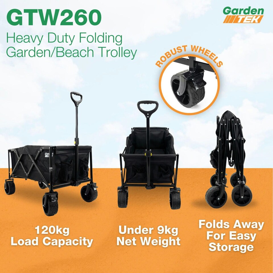 image 1 of GardenTek Garden Festival Trolley / Cart / Wagon Wheels, 120kg Load, 135L Capacity with Brakes | GTW260