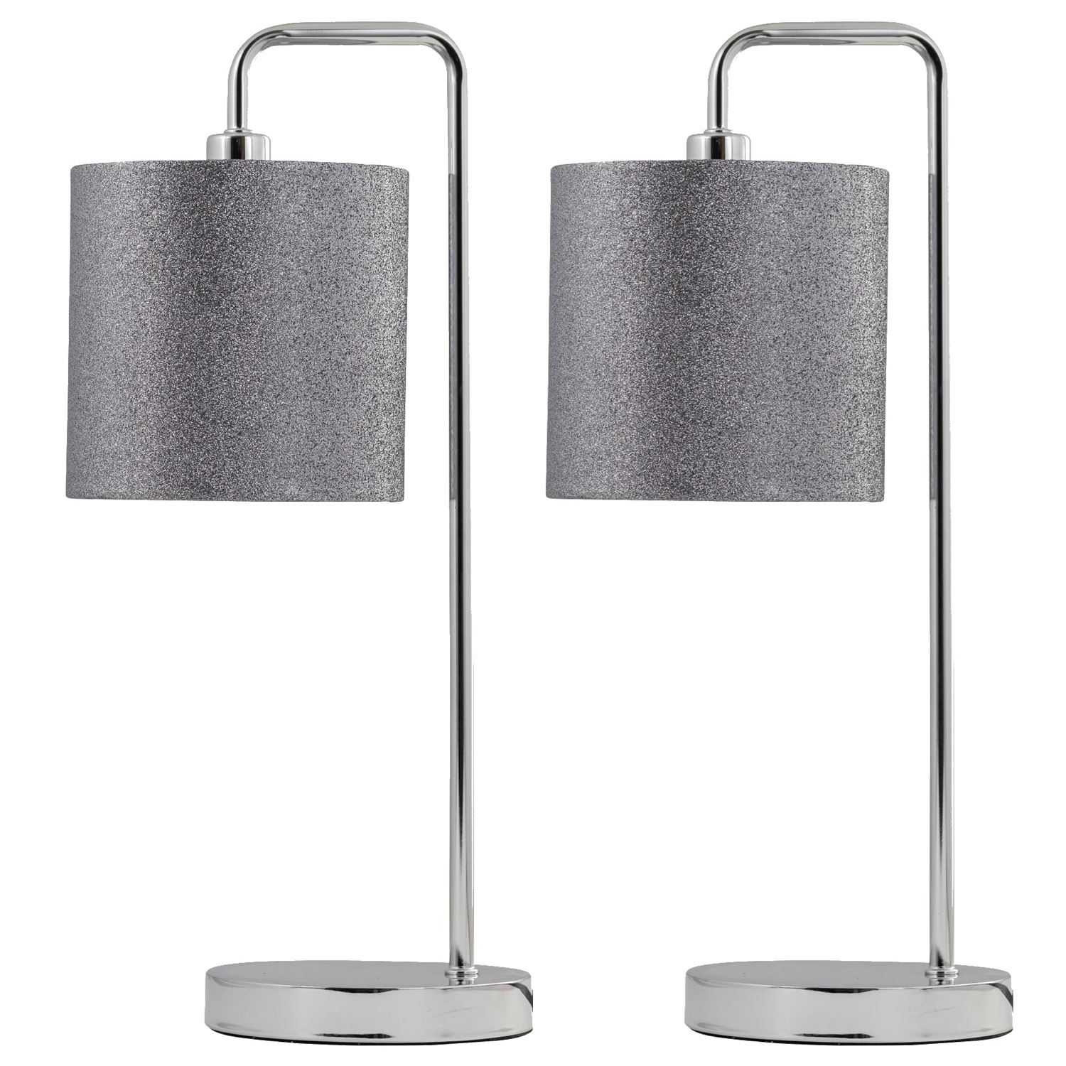 First Choice Lighting Set of 2 Chrome Arched Table Lamps with Grey Glitter Shades in Silver
