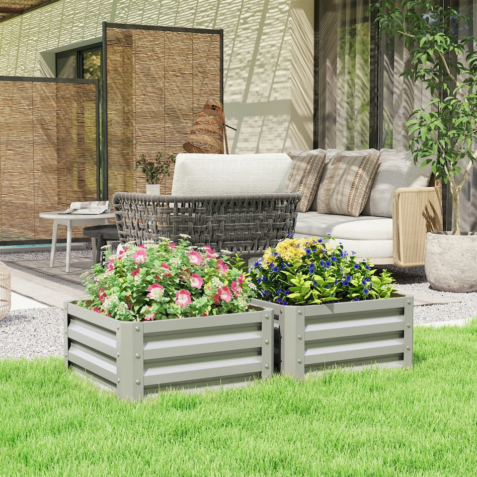 image 1 of Outsunny Set of 2 Raised Garden Bed Galvanised Planter Box, Light Grey