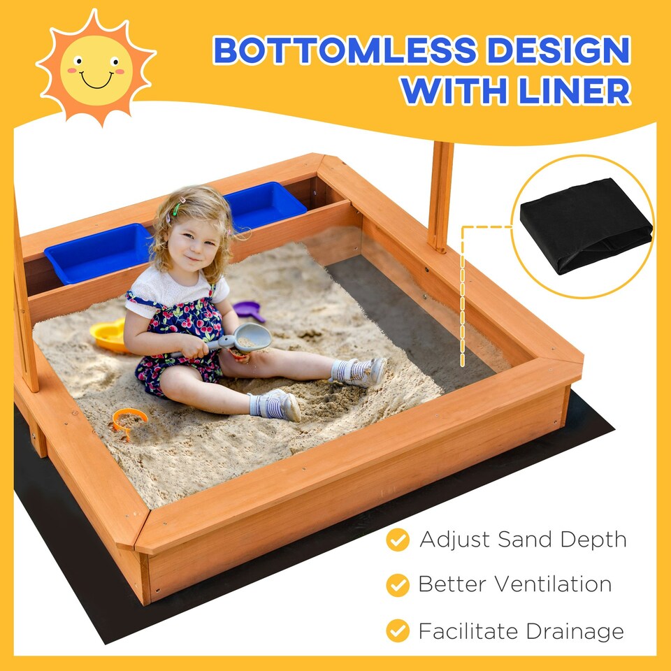 image 1 of Outsunny Kids Wooden Sandbox Sand Pit Height Adjustable with Canopy Basins