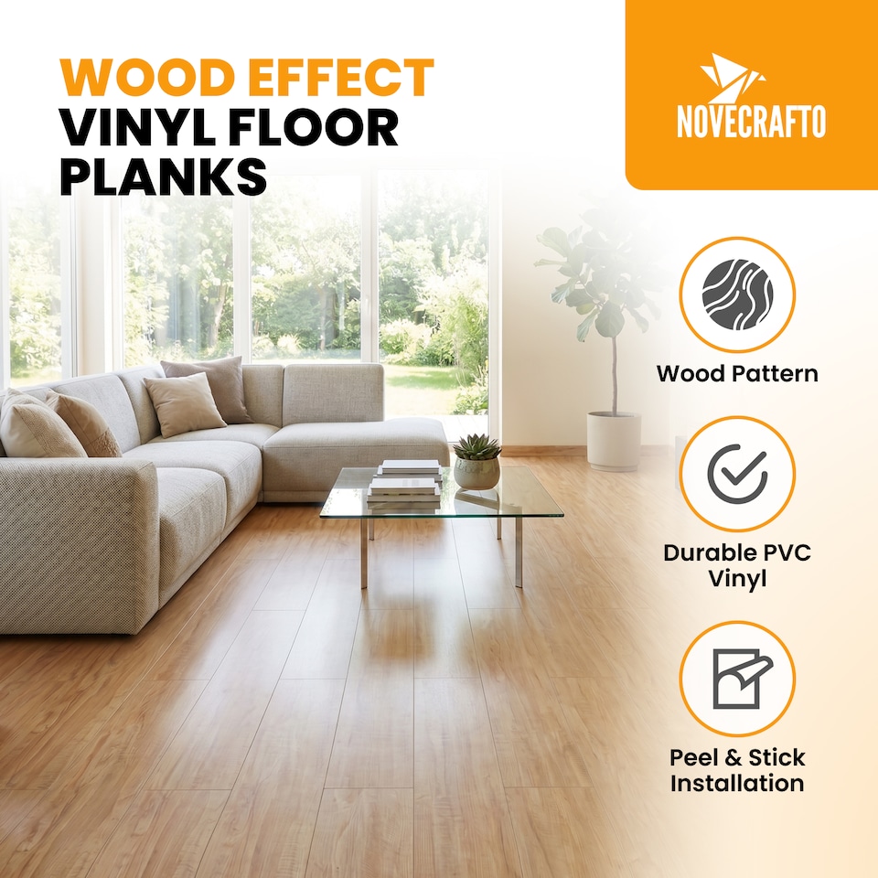image 1 of NOVECRAFTO Self Adhesive Floor Planks | 36x5.98in (91.4x15.2cm) Each | Peel & Stick Vinyl Flooring | Honey Drift Timber Effect | Waterproof DIY Tiles | Brown | 4.17 sqm