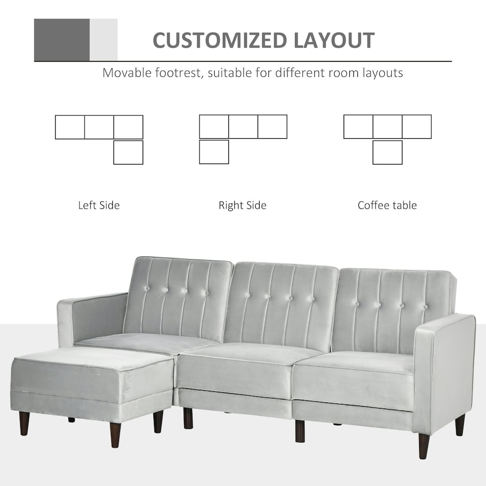 image 1 of HOMCOM Upholstered Sofa Bed Reversible Sectional Sofa Set Velvet-Touch Sleeper
