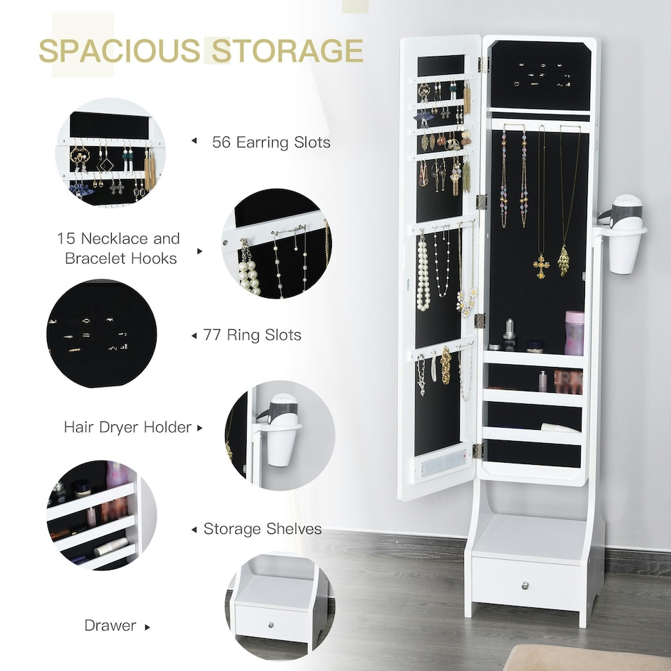 image 1 of HOMCOM Freestanding Jewellery Storage Mirror Armoire w/ LED Lights Hooks Drawer