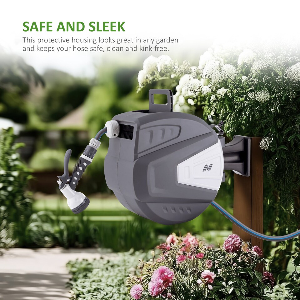 image 1 of NETTA Retractable Hose Reel with Auto Rewind, 180° Swivel and 9-Function Spray Gun
