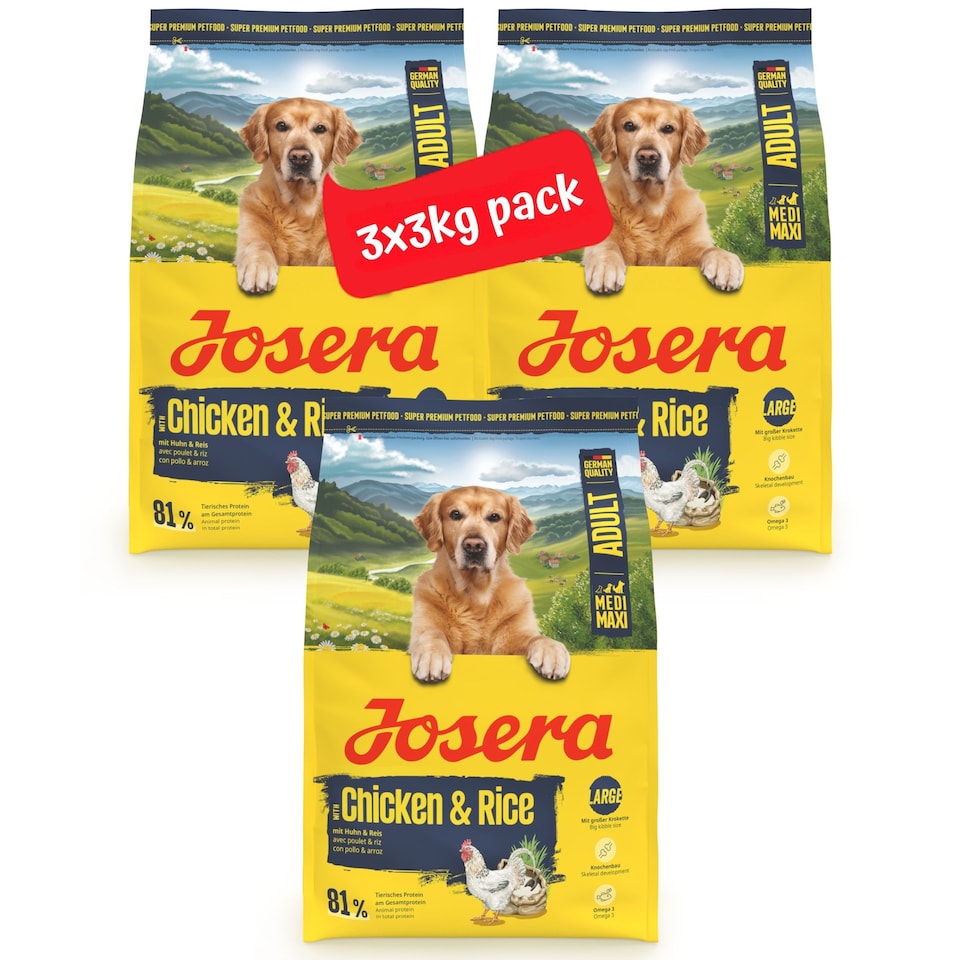 image 1 of Josera Medi/Maxi Adult Chicken & Rice complete dry dog food | Medium & large breeds | Lots of meat | Salmon Omega 3 | Joint care | Gluten-free |  3x3kg