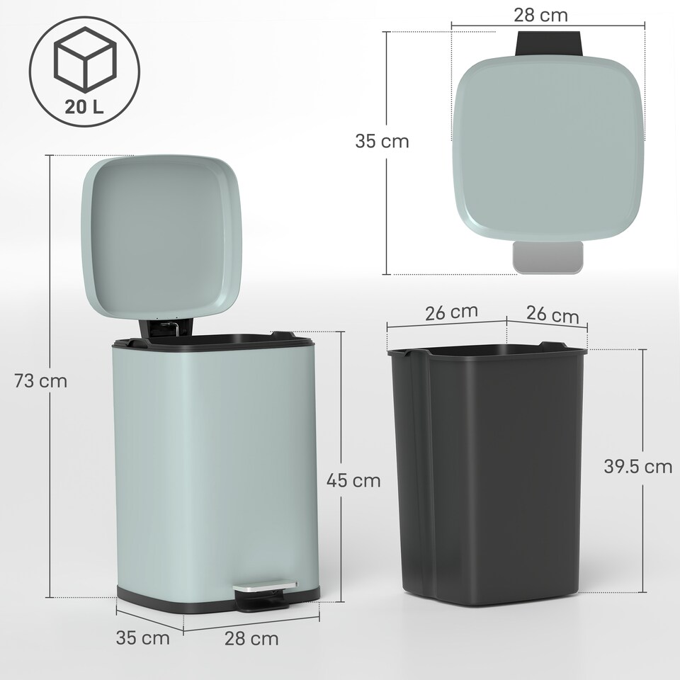 image 1 of HOMCOM 20 Litre Pedal Bin, Fingerprint Proof Kitchen Rubbish Bin with Soft-close Lid, Foot Pedal and Removable Inner Bucket for Recycling and Waste, Light Green | Green | 1
