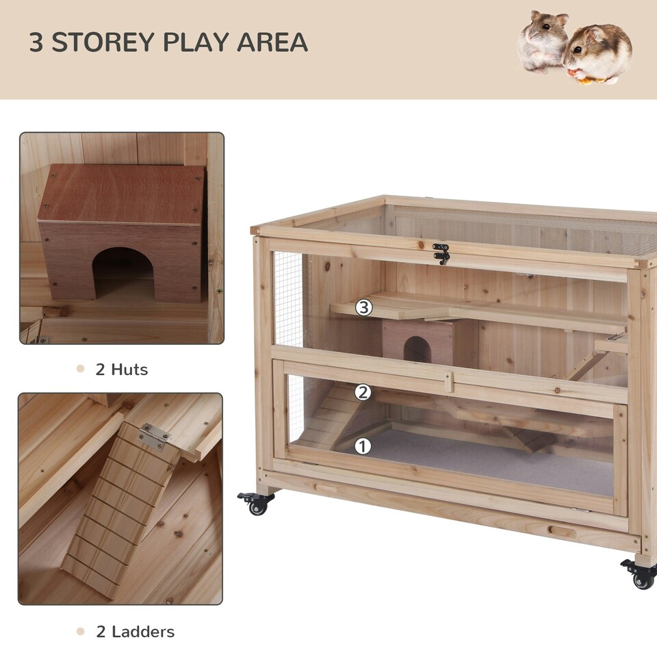 image 1 of PawHut Wooden Hamster Cage, 3-Tier Roden Small Animals Hutch, 99 x 50 x 69 cm