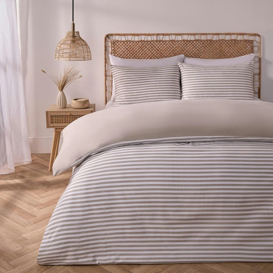 image 1 of OHS Stripe Embossed Duvet Cover and Pillowcase Bedding Set, Super King - Natural