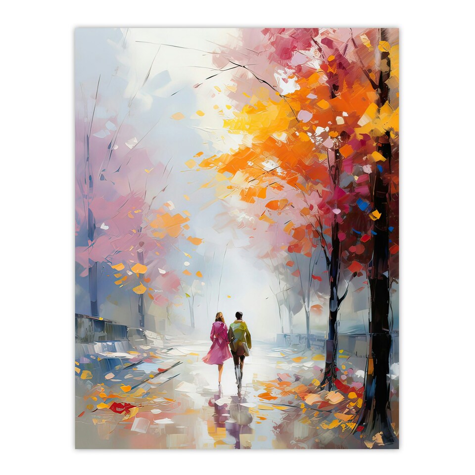 image 1 of Lovers Autumn Walk Oil Orange Pink Couple Black Framed Wall Art Print A4