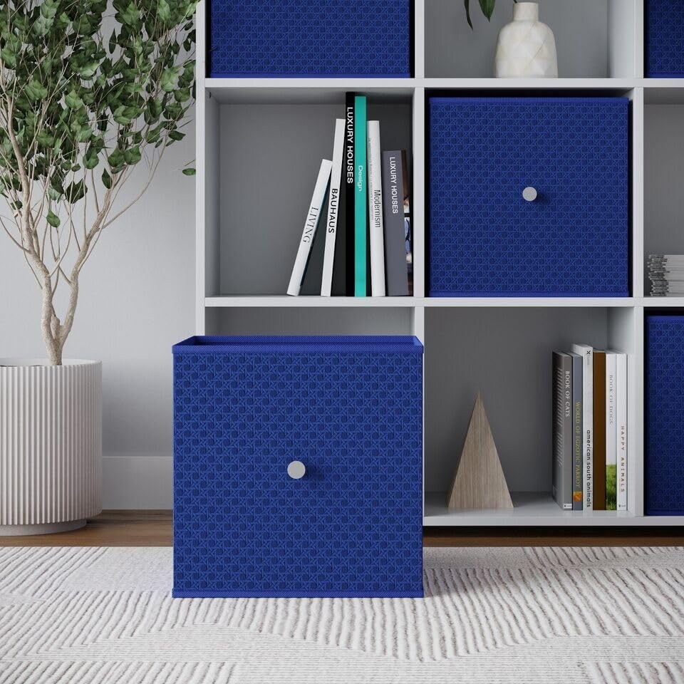image 1 of Foldable Woven Fabric Storage Cube Box Drawer Insert Organiser Basket with Handle | Blue | Royal Blue | Pack of 1 | 1