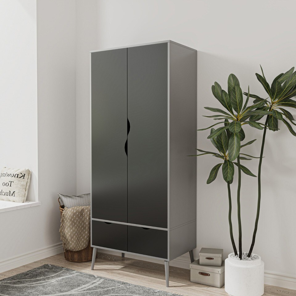 image 1 of Malmo 2 Door 2 Drawer Wardrobe with Scandi Legs Cupboard Hanging Rail 180cm | Multi | Grey Black | 1