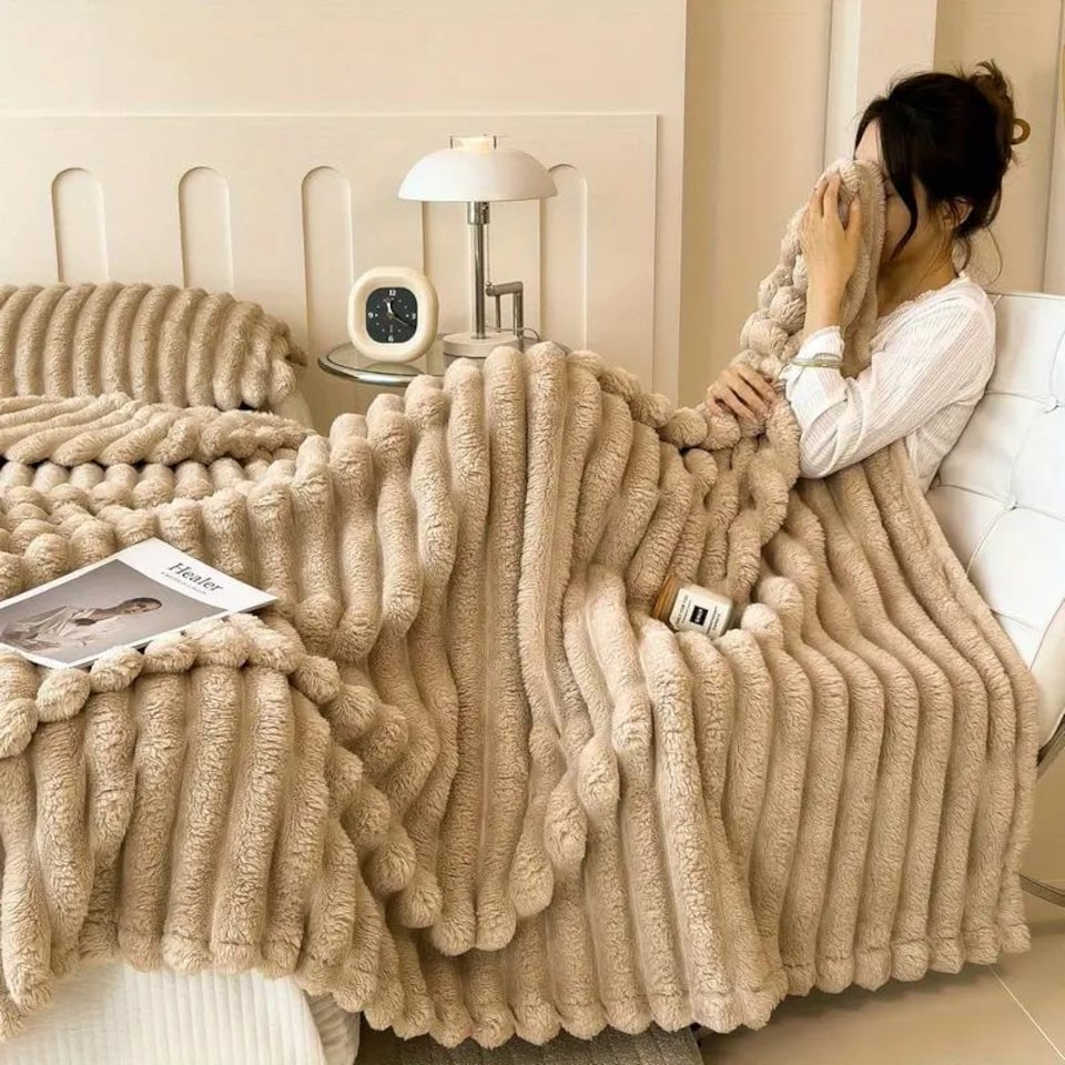 image 1 of Ribbed Jacquard Fleece Blanket Throw 200x240cm - Soft & Cosy Bed Throw