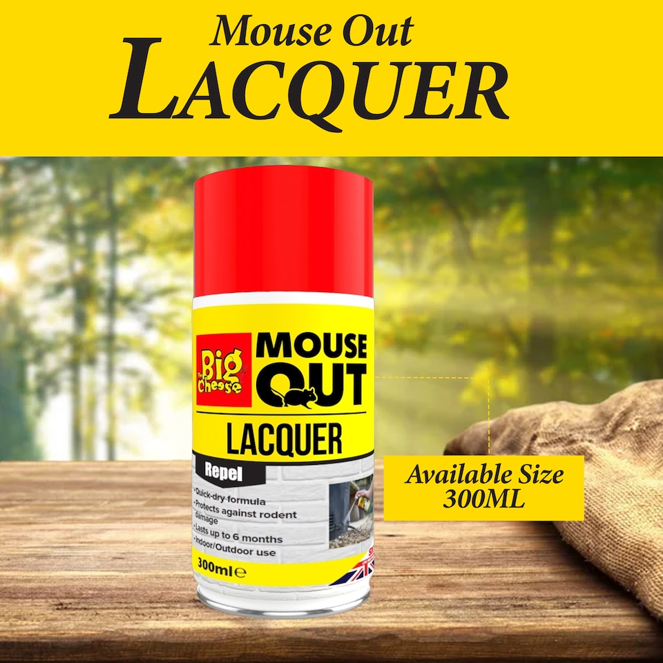 image 1 of The Big Cheese Mouse Out Lacquer 300ml Aerosol Quick Dry Rodent Repellent Protective Spray