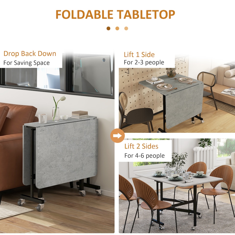 image 1 of HOMCOM Mobile Drop Leaf Table, Folding Dining Table with 6 Wheels & Brakes, Kitchen Table for Small Spaces, Grey Marble Effect