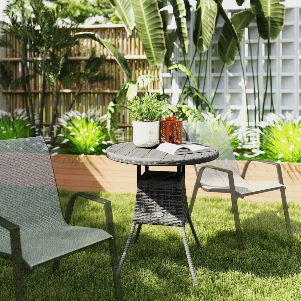 image 1 of Outsunny Outdoor PE Rattan Dining Table w/ Wood-plastic Composite Top, Grey