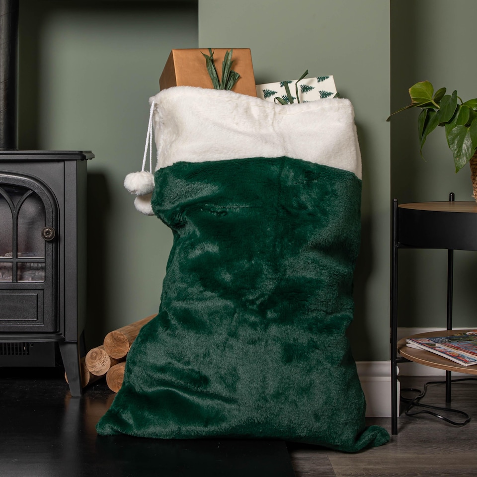image 1 of 80x55cm Green Christmas Sack with White Cuff and Pom Poms