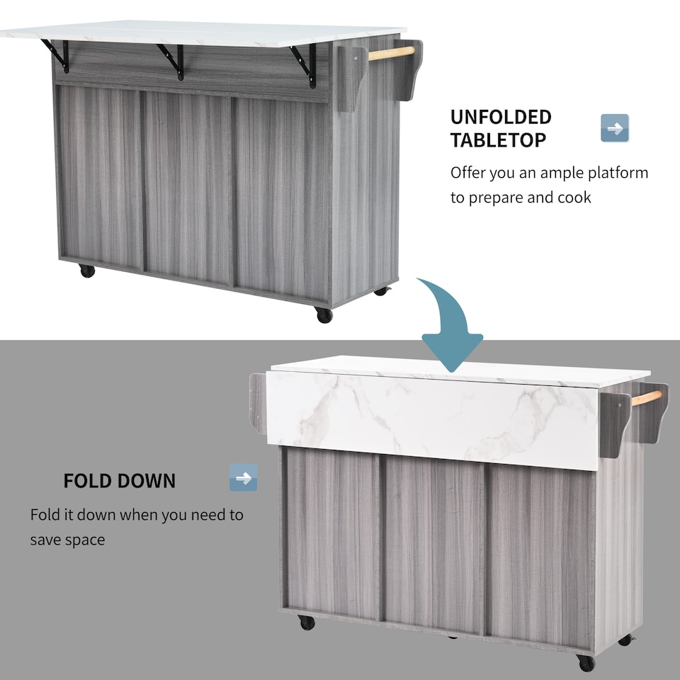 image 1 of VILUXE Mobile Kitchen Island with Foldable Marble-Effect Worktop, 3 Drawers, Adjustable Storage, Towel Holder, Wheels and Solid Wood Feet, Grey