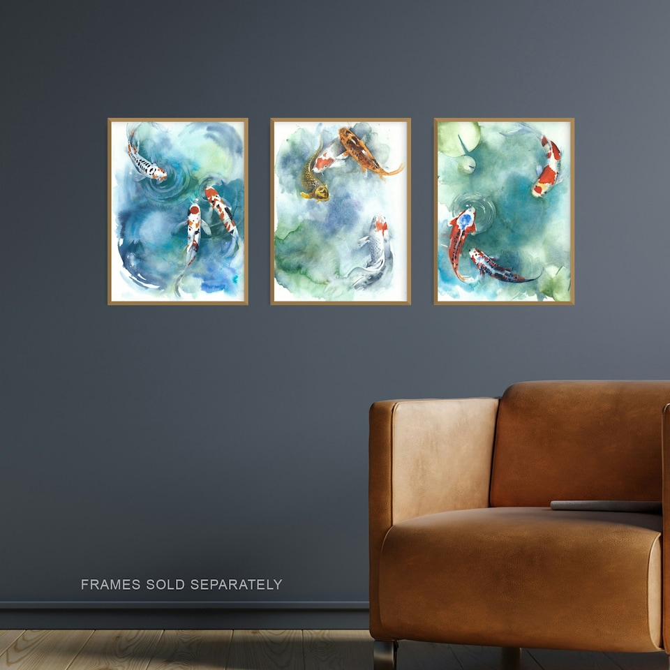 image 1 of Set Of 3 Watercolour Japanese Koi Carp Fish Pond Bathroom Wall Art Prints 12X16 Inch