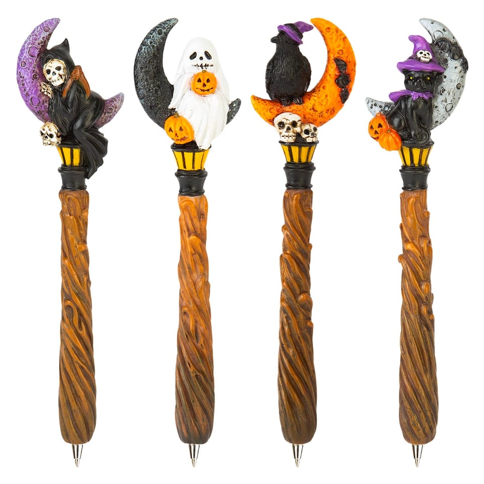 PMS Halloween Spooky Moon Pens 4 Pack - Ghost, Skeleton, Cat, Raven