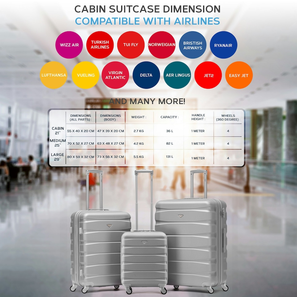 image 1 of Flight Knight Suitcase Set, Large Suitcase, Extra Large Suitcase, Cabin Suitcase 55x40x20cm - 60+ Airlines Approved - EasyJet, Jet2, Ryanair Priority Carry On | Silver | Silver | Large