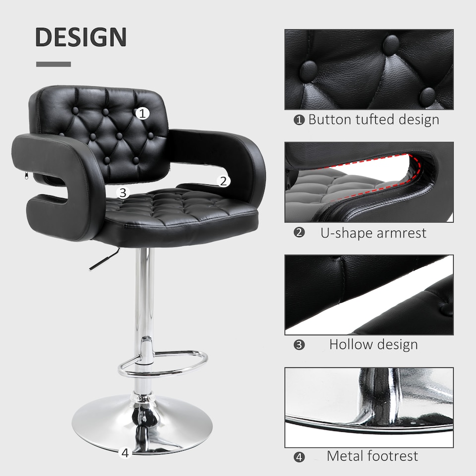 image 1 of HOMCOM Swivel Bar Stool with Extra Large Seat, PU Leather Upholstered Adjustable Barstool with Back, Arm and Footrest, Breakfast Bar Chair for Bistro, Kitchen, Black