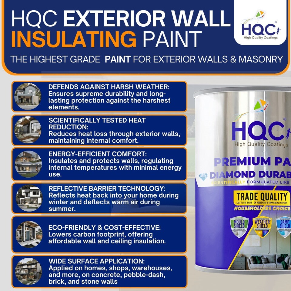 image 1 of HQC Exterior Wall Insulating Paint - Weatherproof, Heat Reflecting & Energy Saving - Magnolia - 2.5L