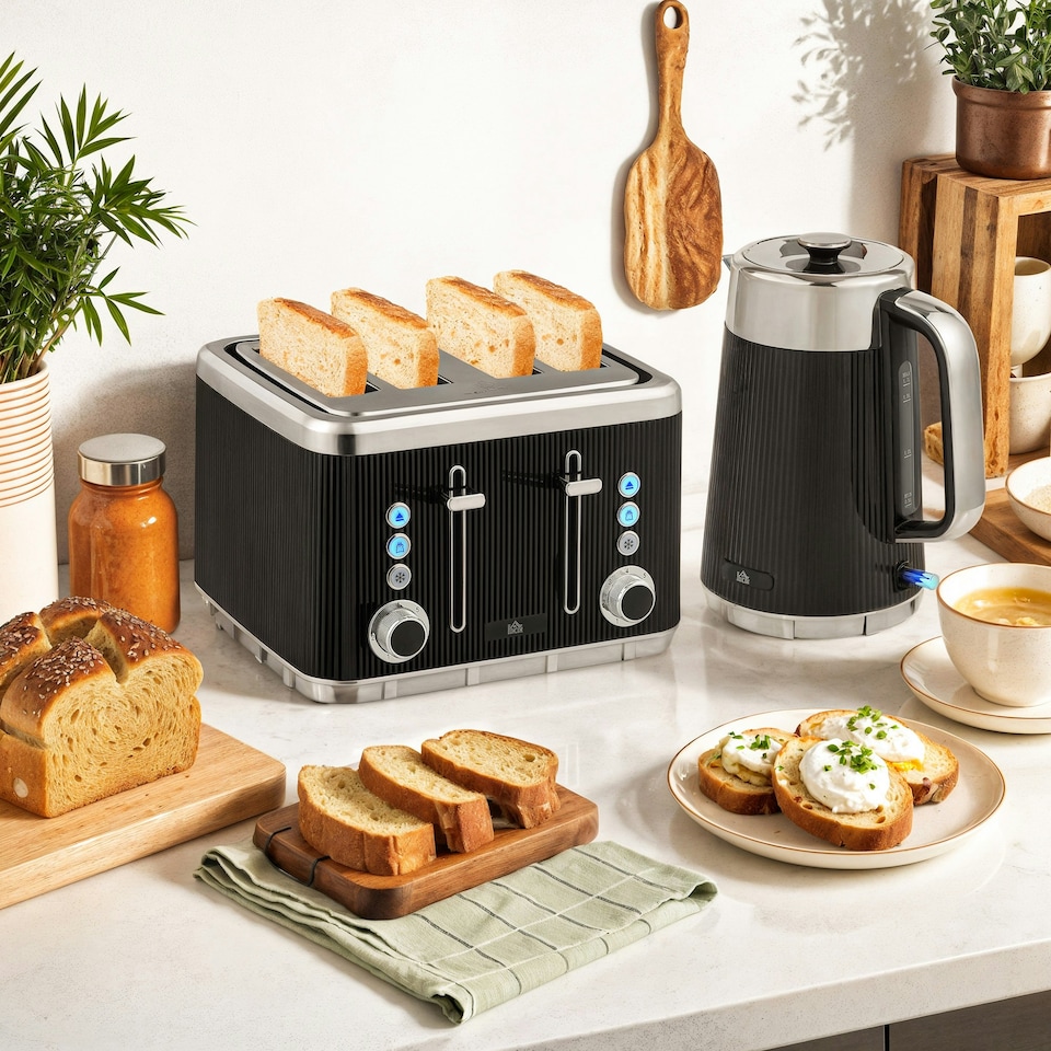 image 1 of HOMCOM 1.7L 3000W Rapid Boil Kettle and 4 Slice Toaster Set Crumb Tray Black