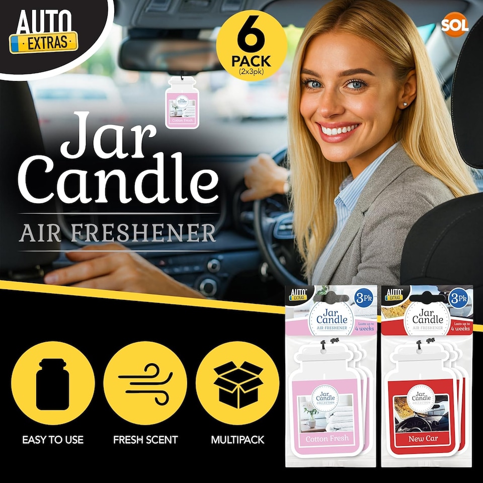 image 1 of 6pk Jar Candle Air Fresheners – New Car & Cotton Fresh Scents, Long-Lasting Odour Eliminators for Vehicles, Hanging Car Fresheners