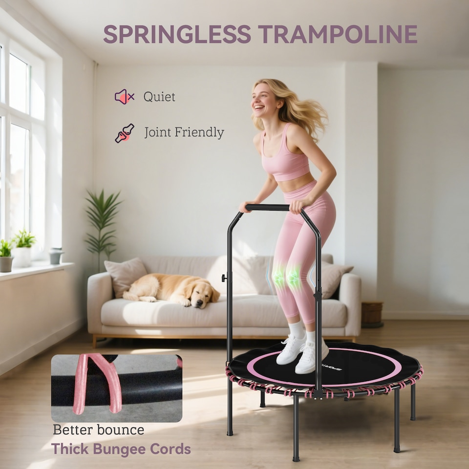 image 1 of SPORTNOW 40'' Foldable Fitness Trampoline, Mini Trampoline Bungee Rebounder with 5-Level Adjustable Handle for Adults Indoor Outdoor Exercise, Pink | Pink