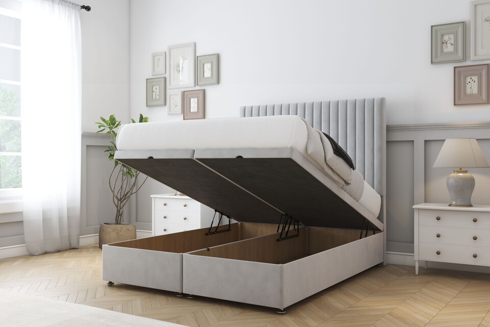 image 1 of Sloomy Manhattan Silver Plush Ottoman Bed With Mattress With 54" Floor Standing Headboard 2'6 Small Single
