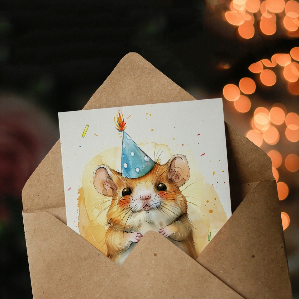 image 1 of Cute Gerbil Kids Party Hat Cake Girl Boy Daughter Son Birthday Card