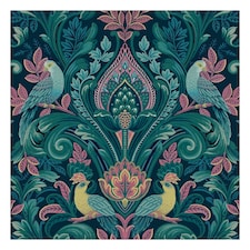 Grandeco Peacock Damask Vinyl Textured Wallpaper - Navy/Pink - 10.05m x 0.53m Blue