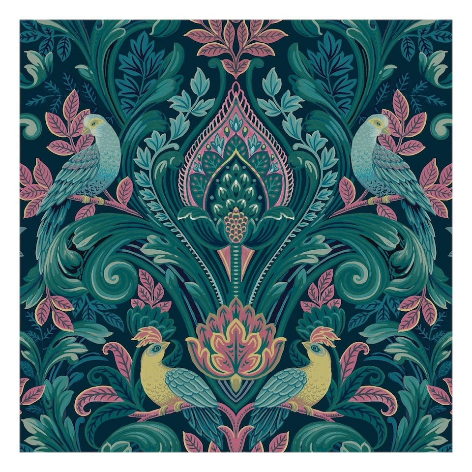 image 1 of Grandeco Peacock Damask Vinyl Textured Wallpaper - Navy/Pink - 10.05m x 0.53m Blue