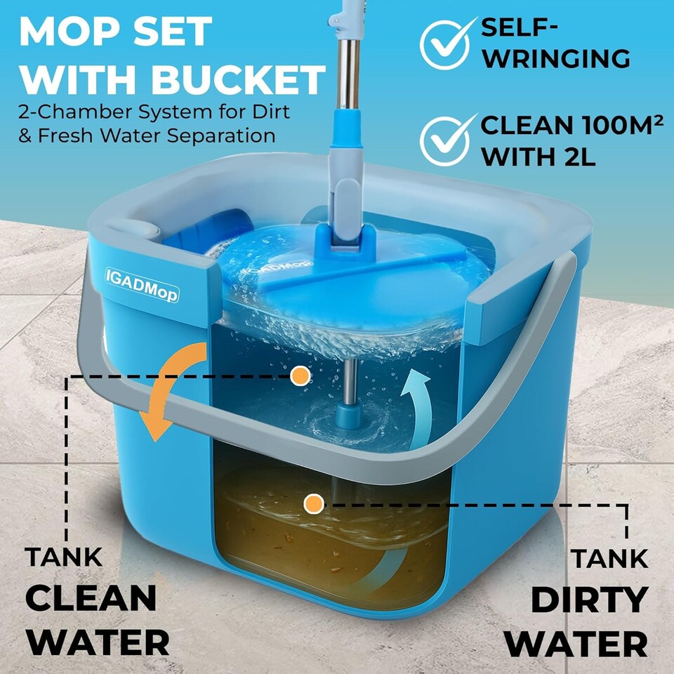 image 1 of IGADMop Professional Set with Bucket, 2 Chamber System for Separating Dirty and Clean Water, 130 cm Telescopic Handle, Microfibre Mop Pad