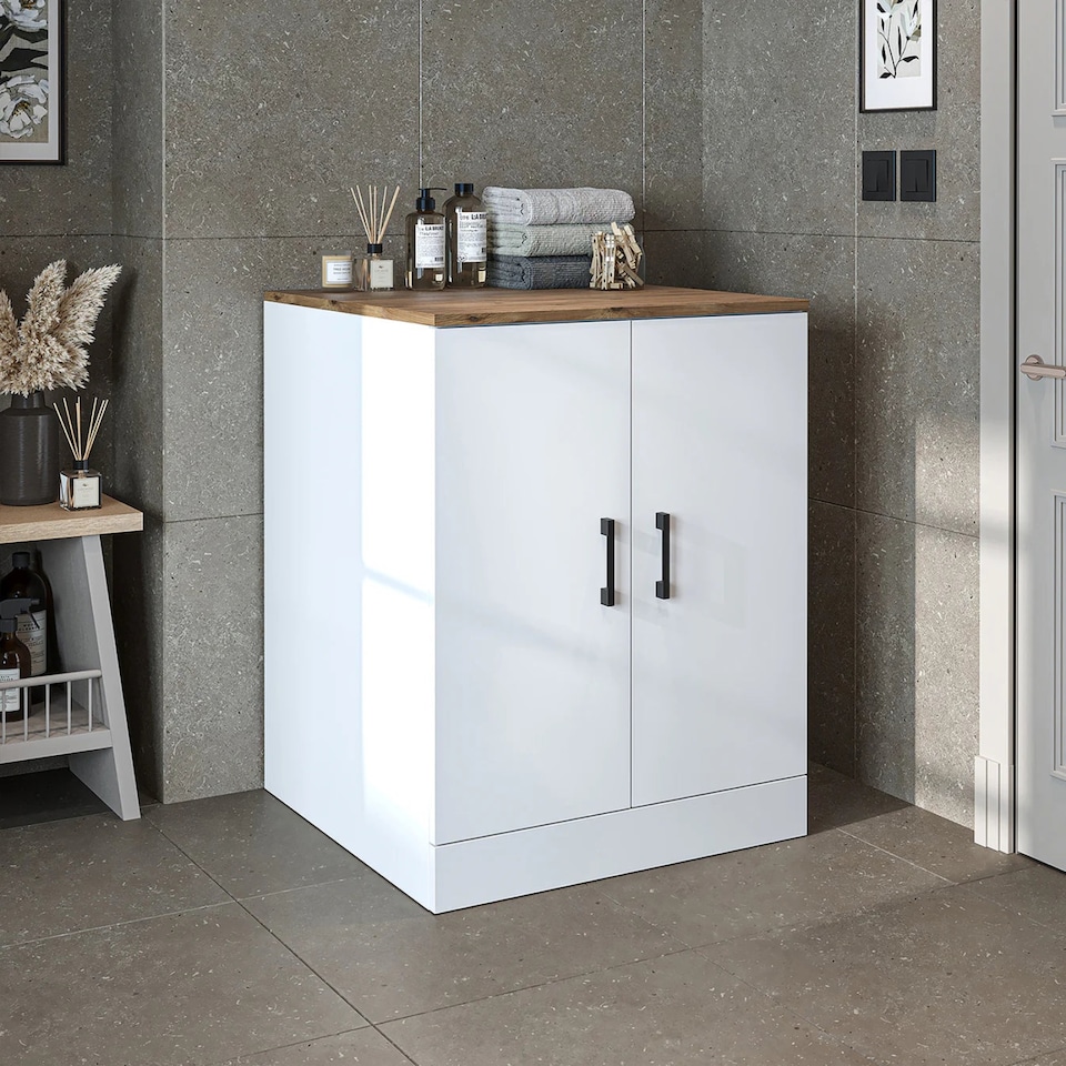 image 1 of Roomart Low Washing Machine Cabinet with Doors White and Oak