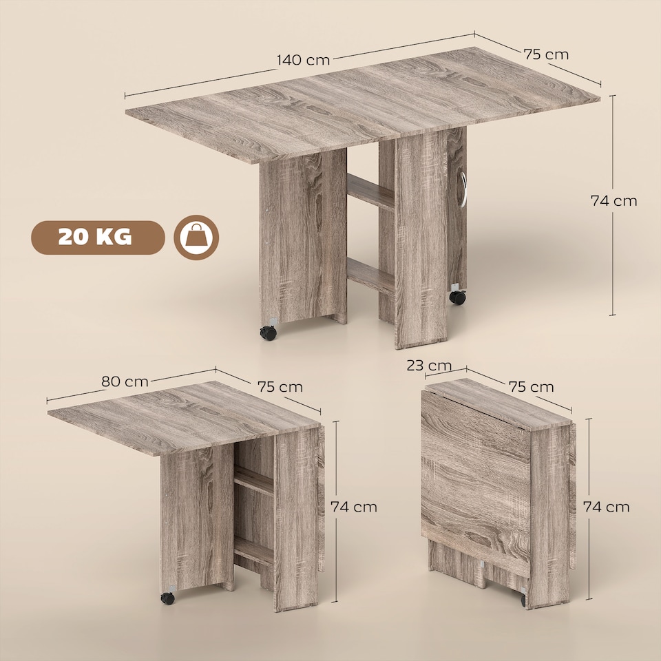 image 1 of HOMCOM Folding Dining Table, Drop Leaf Table with 2-Tier Shelves, Rolling Casters, for Small Spaces, Kitchen, Grey