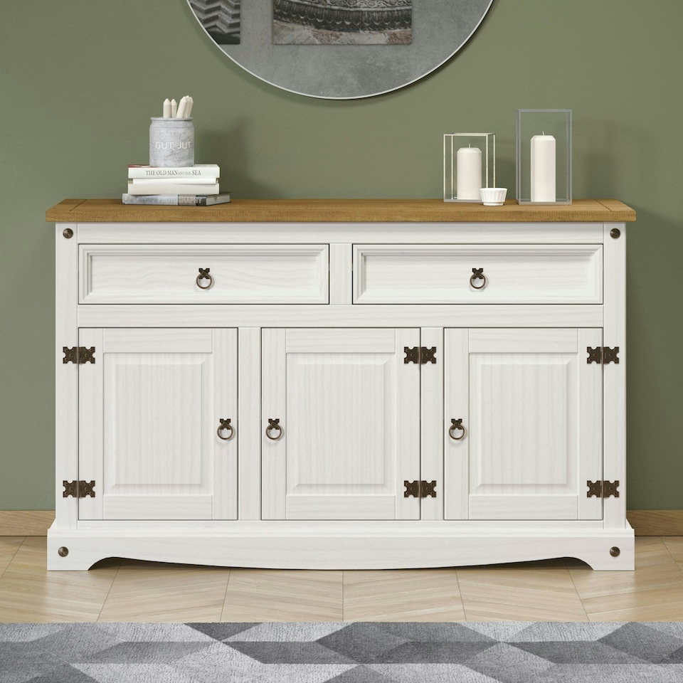 image 1 of Corona Premium Medium Sideboard - 2 Wide Drawers and 3 Doors with Adjustable Shelf in Antique, Grey or White Wax | White | White | One Size | 1