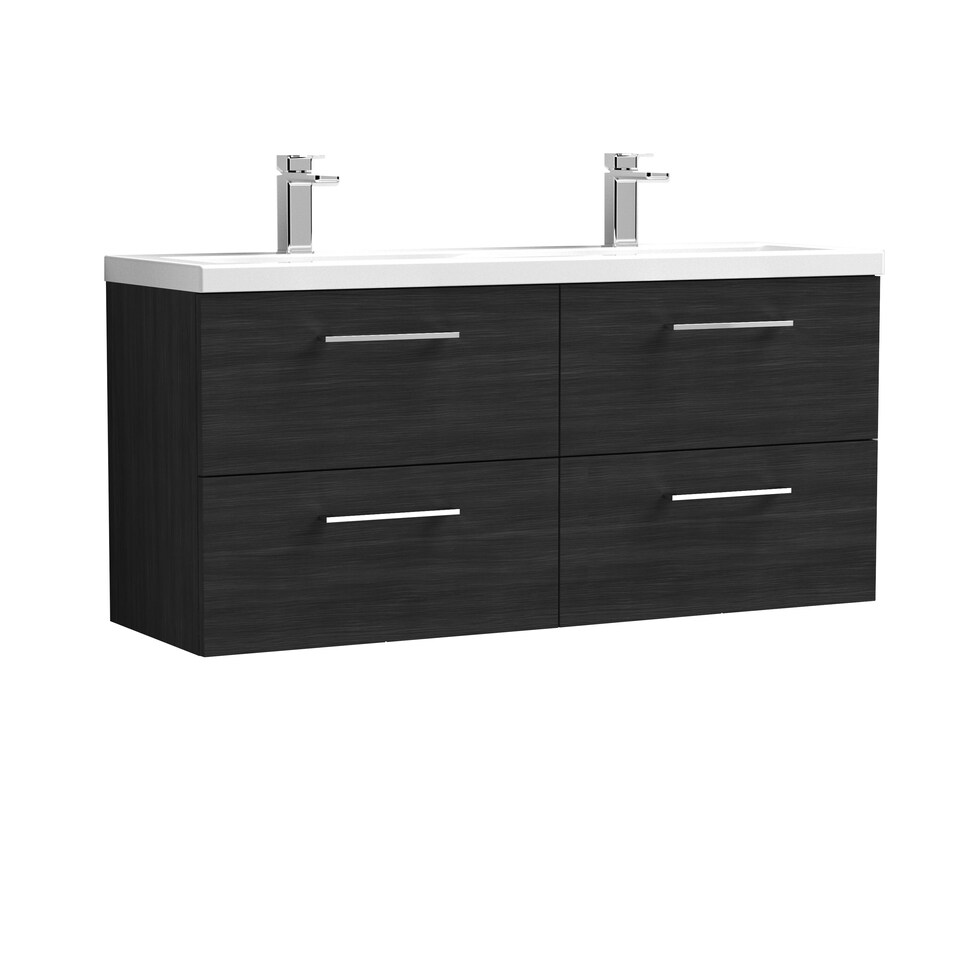 image 1 of Balterley Level Wall Hung 4-Drawer Vanity Unit with Double Basin for Modern Bathroom Storage | Black | Black Woodgrain