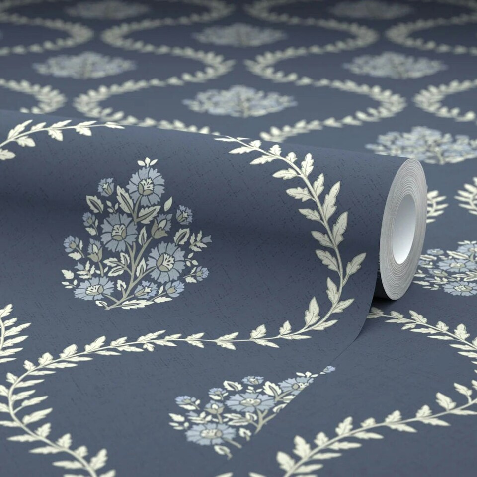 image 1 of Posy Trellis Wallpaper in Cream on Navy Multi