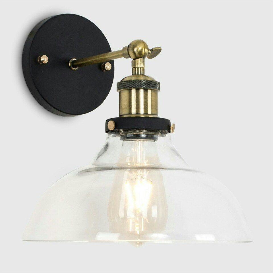 image 1 of ValueLights Industrial Black And Gold Wall Light Fitting With Clear Glass Wide Light Shade