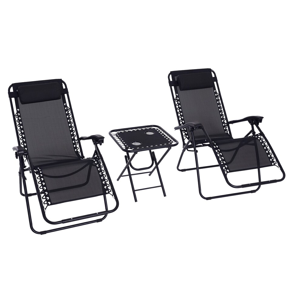 image 1 of Outsunny Folding Zero Gravity Chairs, 3 Pieces Adjustable Sun Lounger and Table Set with Cup Holder and Headrest, Patio Bistro Set with Reclining Garden Chairs for Outdoor, Black