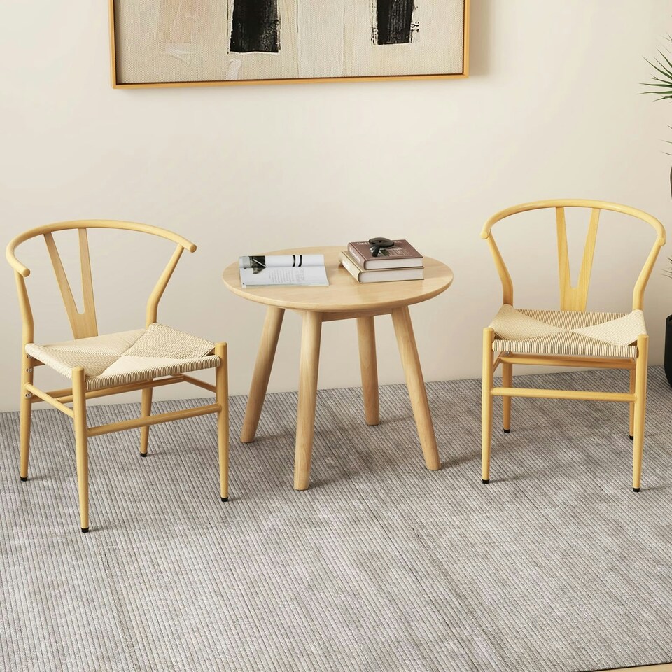 image 1 of COSTWAY Dining Chair Set of 2 Modern Weave Armchairs Yellow