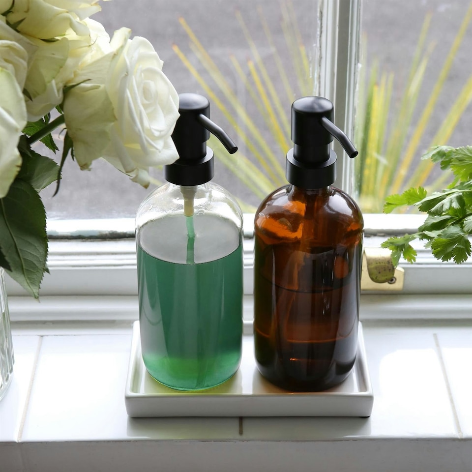image 1 of Harbour Housewares 2pc Glass Soap Dispenser Set with Ceramic Tray - 500ml - Clear