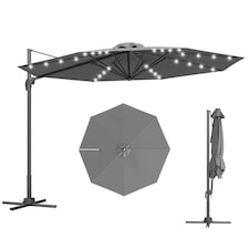 Outsunny 3m Cantilever Roma Parasol Patio Sun Umbrella with Crank Tilt LED Solar Light Cross Base 360 Rotating Outdoor, Dark Grey