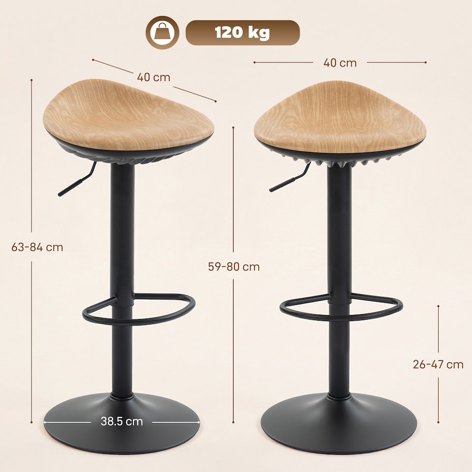 image 1 of HOMCOM Set of 2 Breakfast Barstools, PU Leather Swivel Bar Stools, Oak | Brown | Oak | 40 x 40 x 63-84 cm