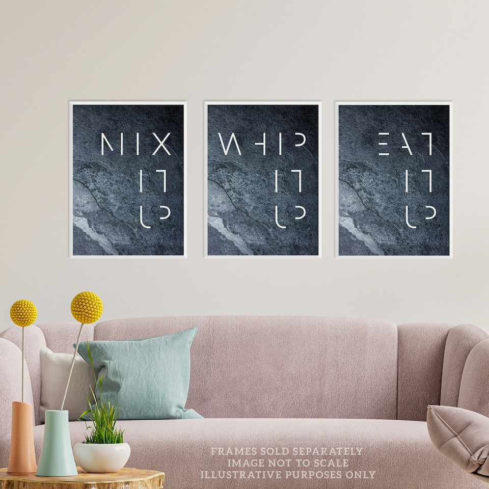 image 1 of Set of 3 Whip Mix Eat It Up Grey Slate Kitchen Quote Minimal Wall Art Print A4