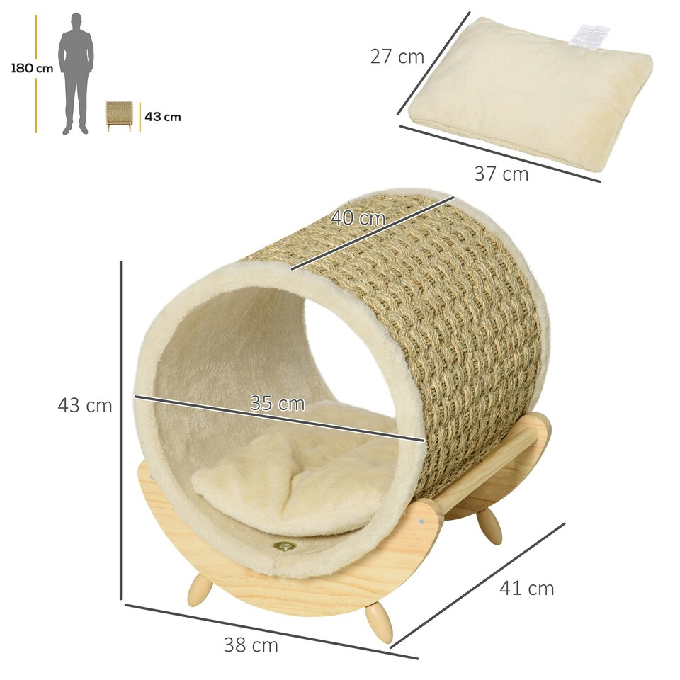 image 1 of PawHut Raised Kitten Bed Pet Shelter w/ Scratcher Cushion, Beige 41 x 38 x 43 cm