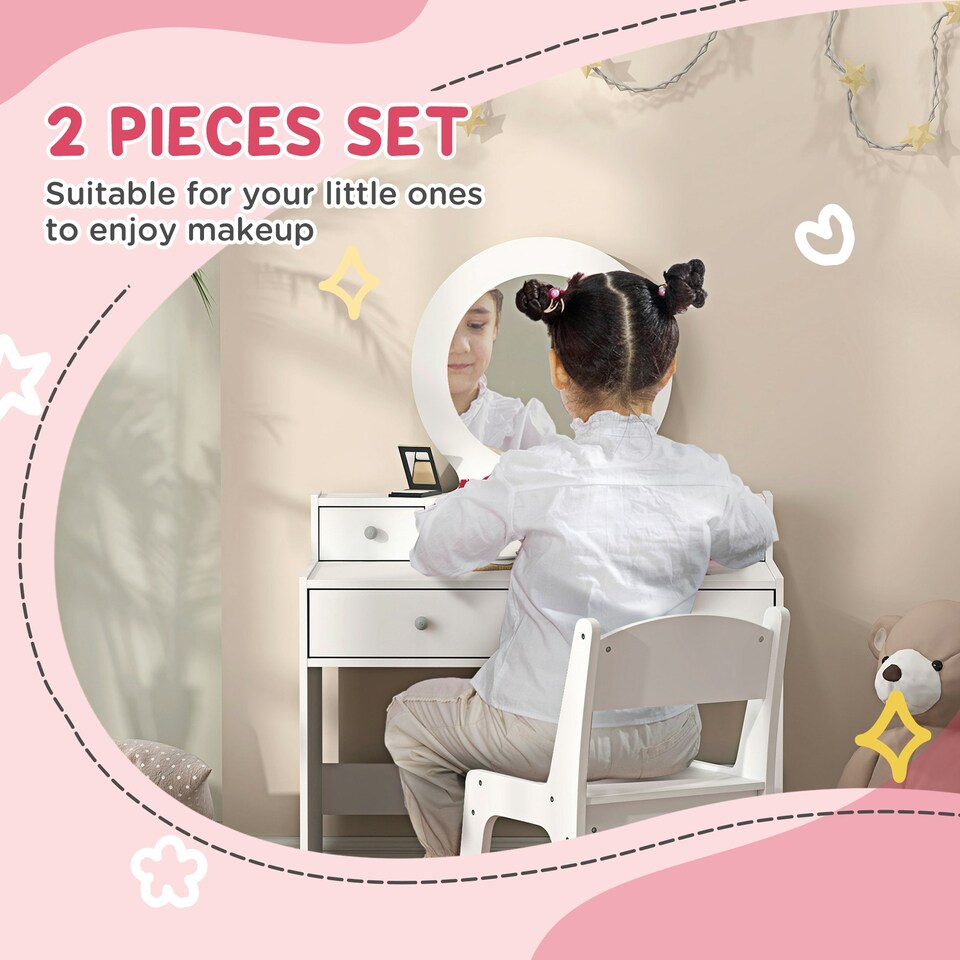 image 1 of AIYAPLAY Kids Dressing Table Set w/ Stool, Mirror, Drawers - White White