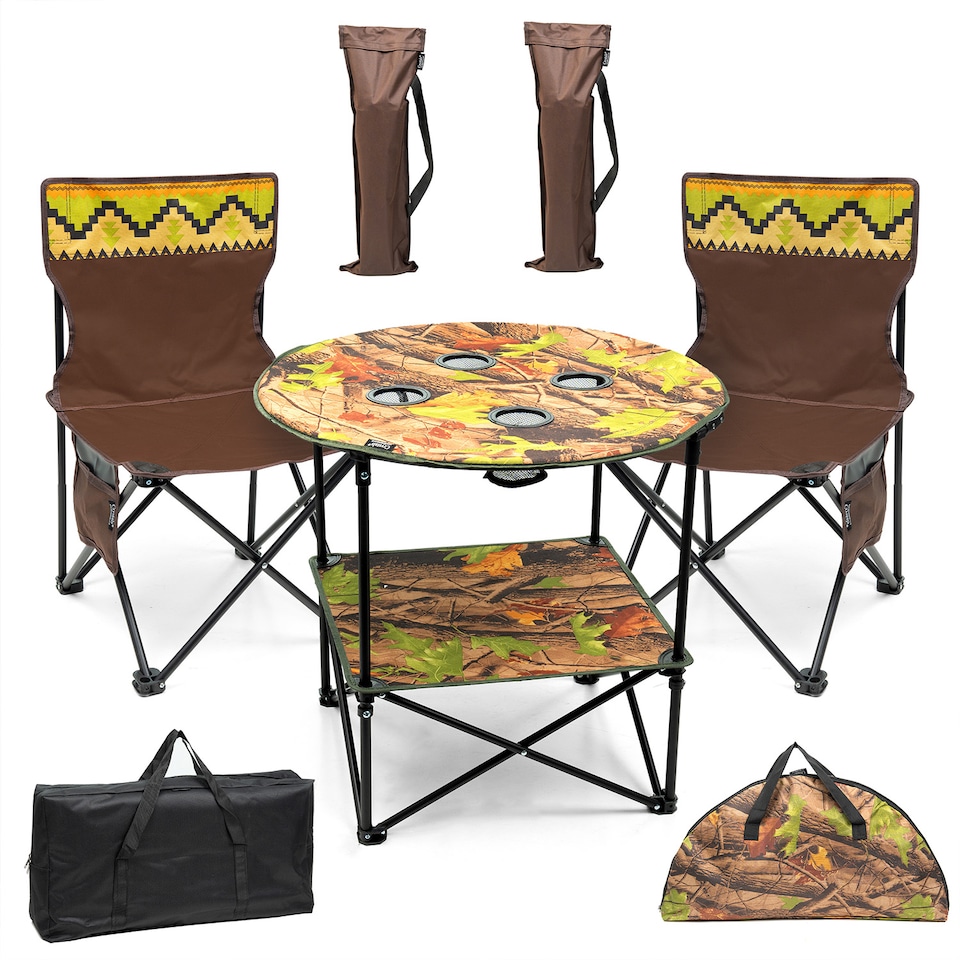 image 1 of 3PC Camping Table & Folding Chair Set Outdoor Fishing Seats with Cup Holders