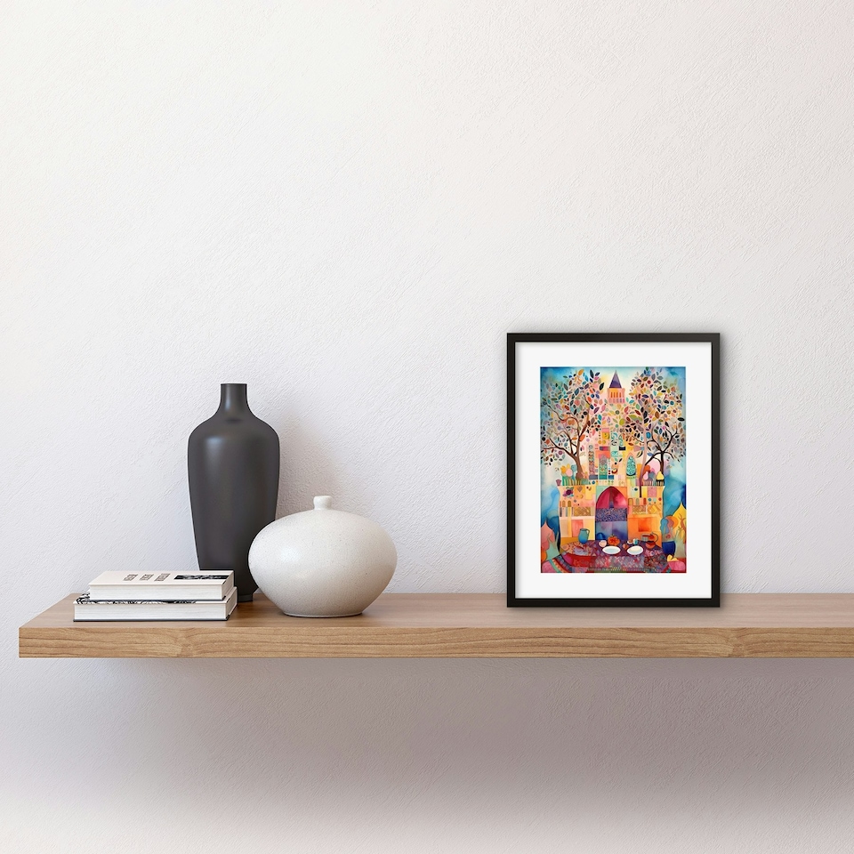 image 1 of Eid Al-Fitr Feast Folk Art Watercolour Painting 9x7" Black Framed Wall Art Print